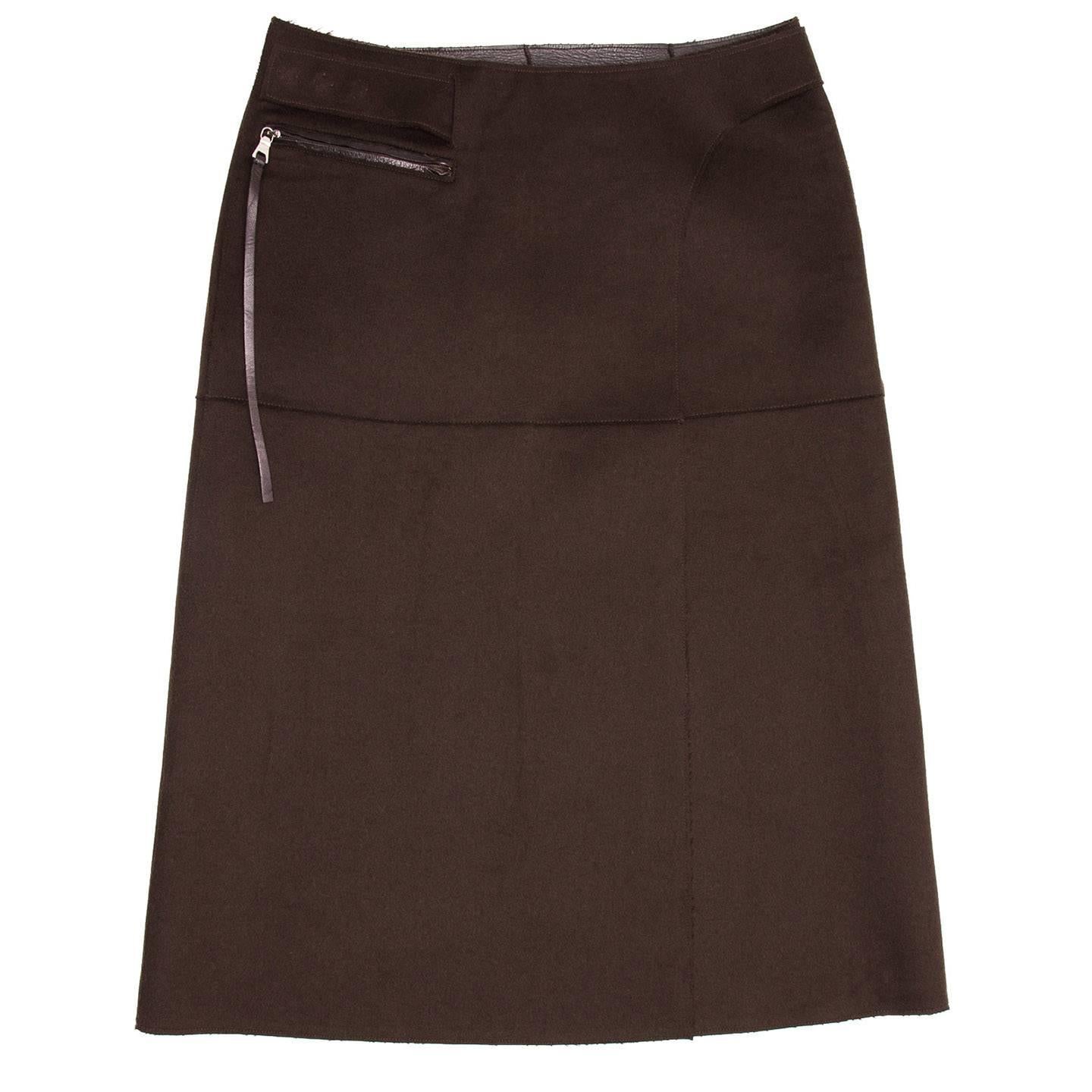 Black Prada Brown Reversible Leather & Camel Skirt For Sale