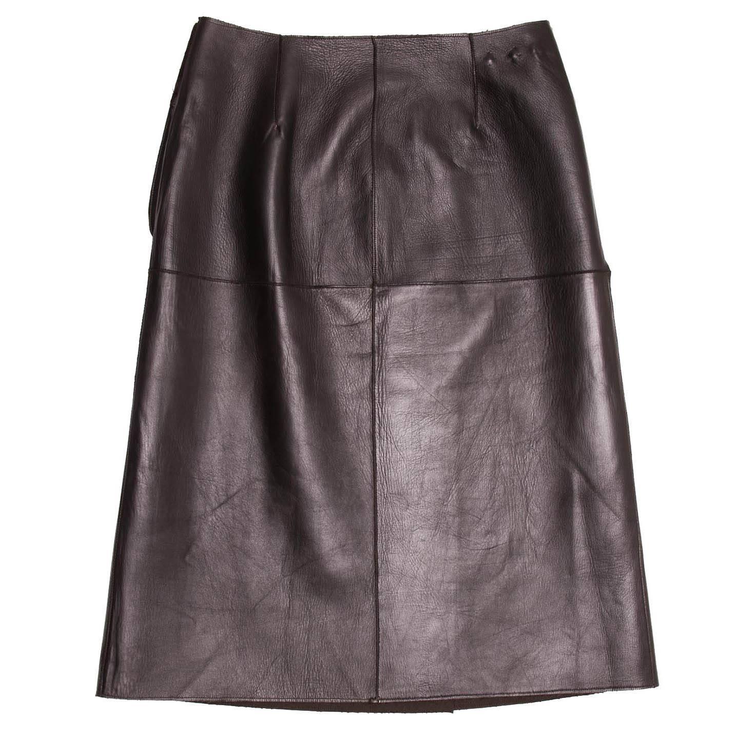 Prada Brown Reversible Leather & Camel Skirt In Excellent Condition For Sale In Brooklyn, NY