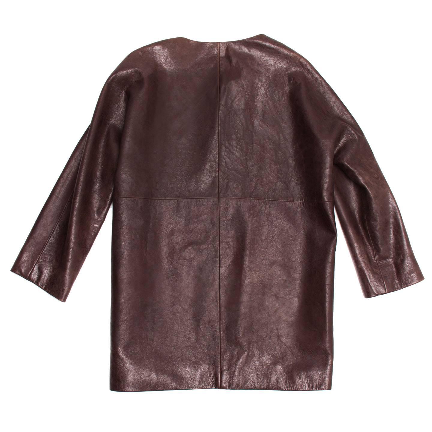 Black Balenciaga Brown Leather Collarless Coat For Sale