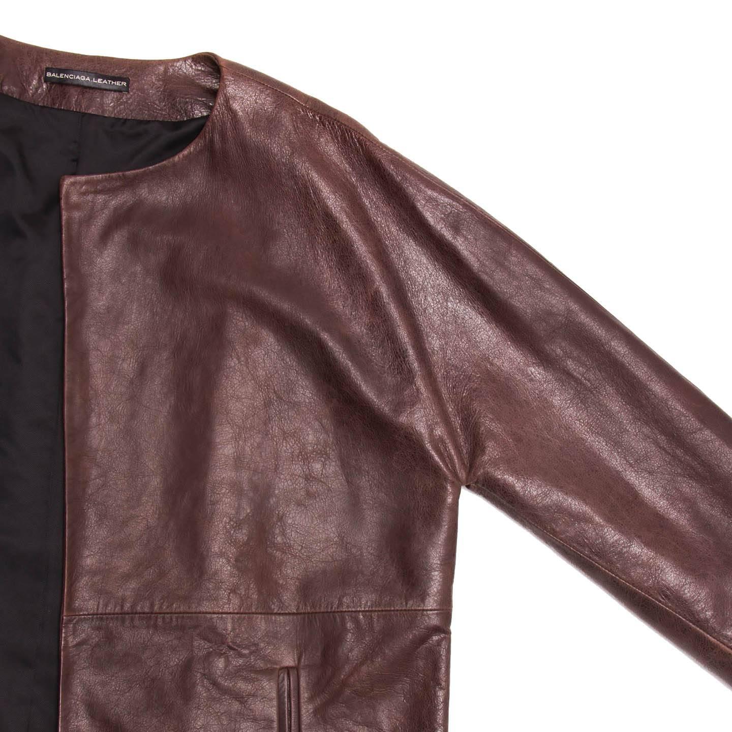Balenciaga Brown Leather Collarless Coat In Excellent Condition For Sale In Brooklyn, NY