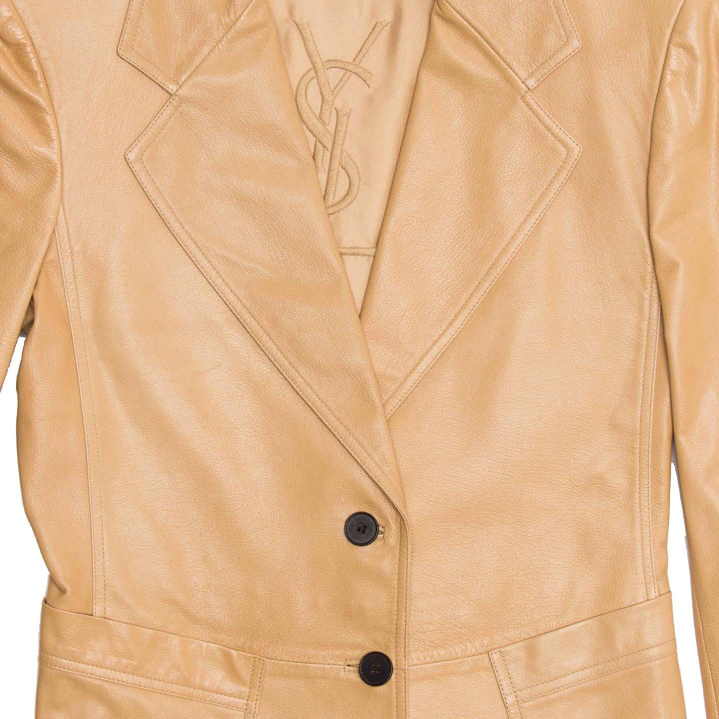 Beige Yves Saint Laurent Tan Kangaroo Leather Fitted Blazer For Sale