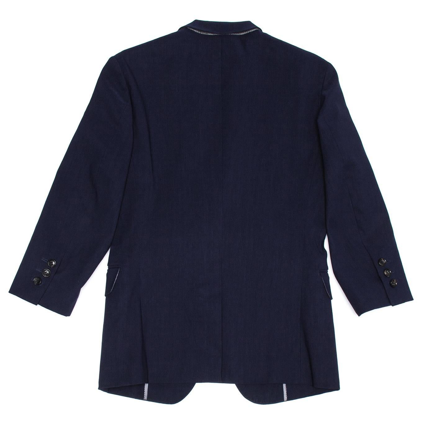 Black Comme des Garçons Navy Linen 3/4 Sleeve Blazer For Sale