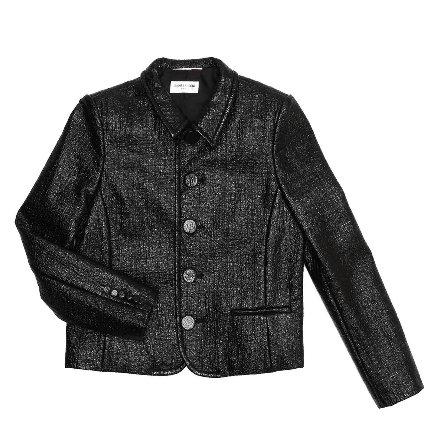 Black patent crinkle textured jacket with a peter pan collar and a cropped length. The front opening fastens with 5 big round covered buttons matching the jacket fabric and little covered buttons adorn the cuffs in the same way. The hem is round at