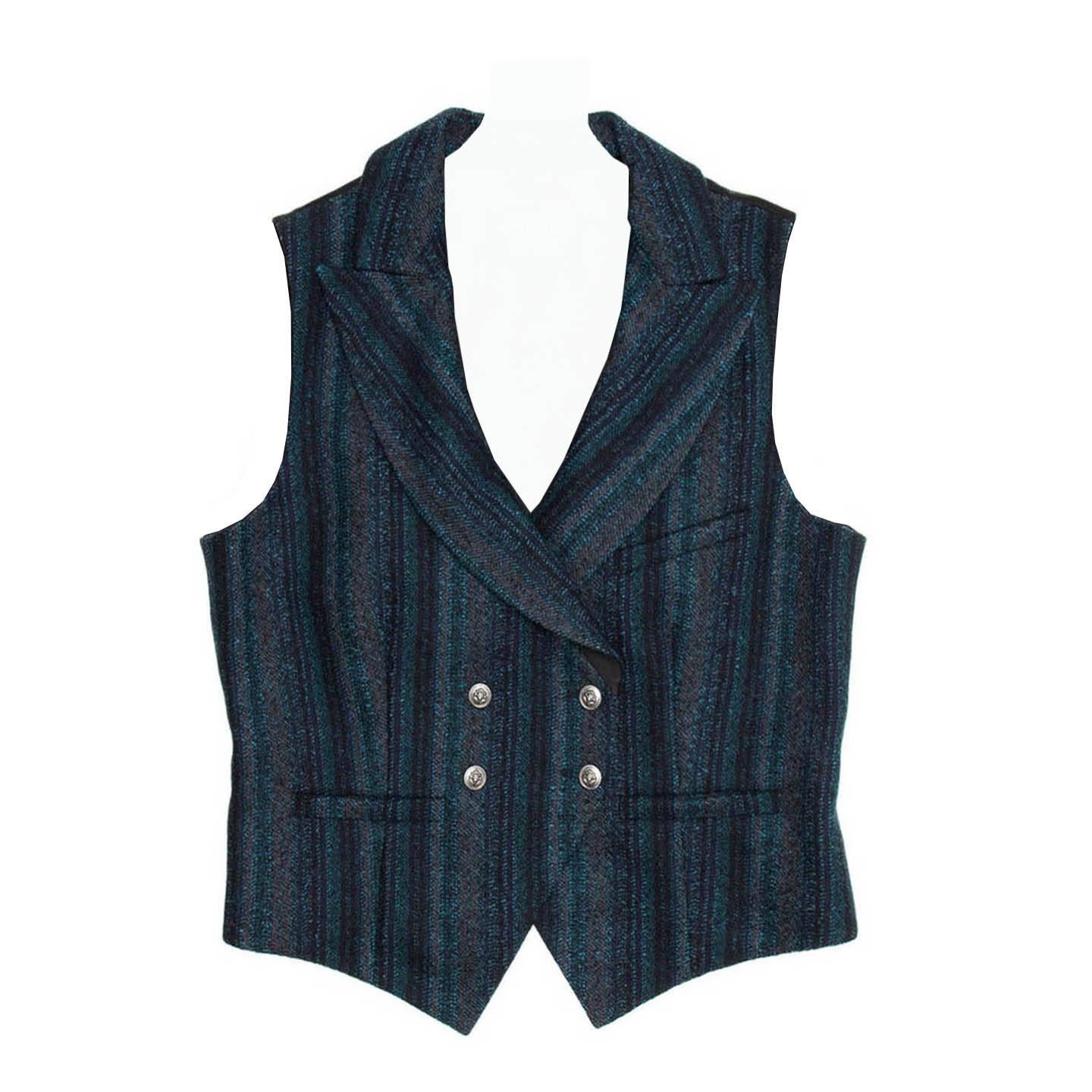 Chanel Navy Teal Gray Shades Striped Double Breasted Vest For Sale