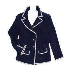 Chanel Navy Moleskin and Frayed Denim Trim Blazer 7