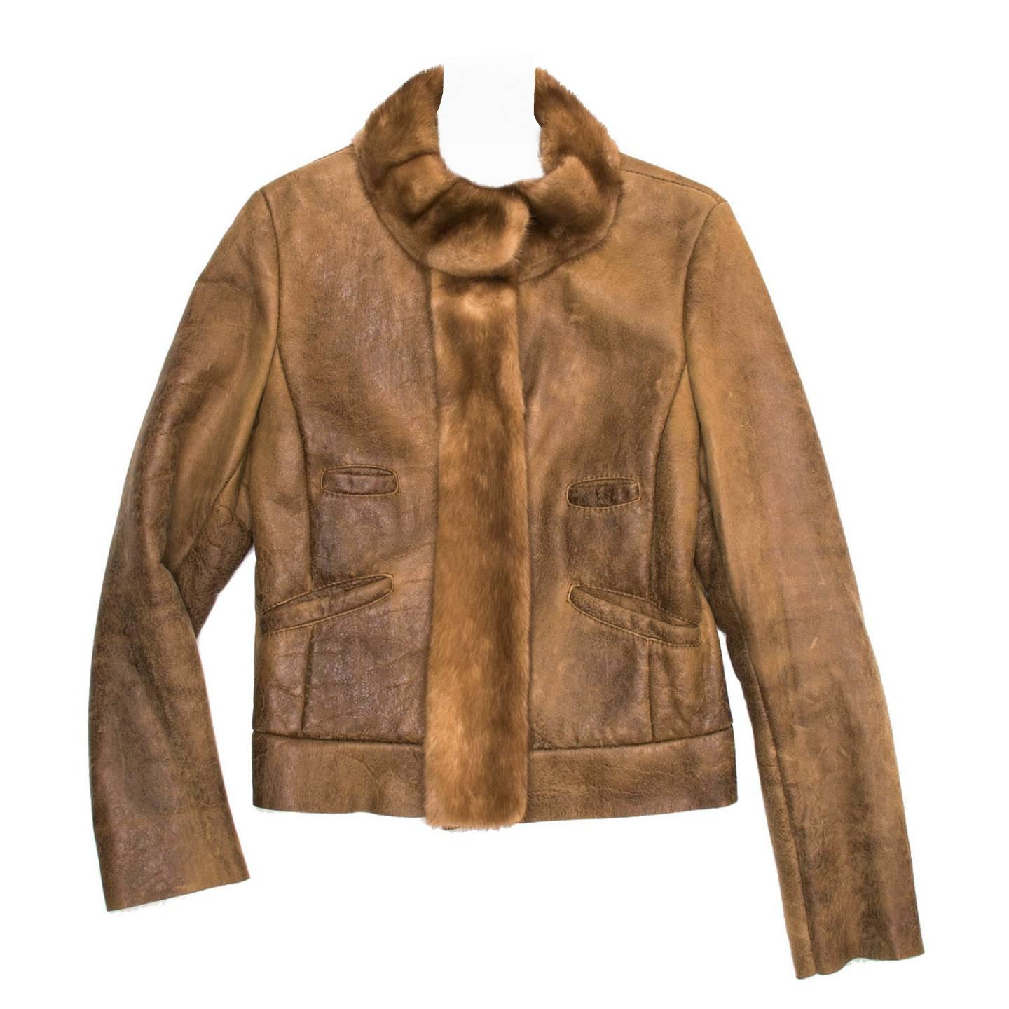 Prada Brown Distressed Shearling Jacket For Sale