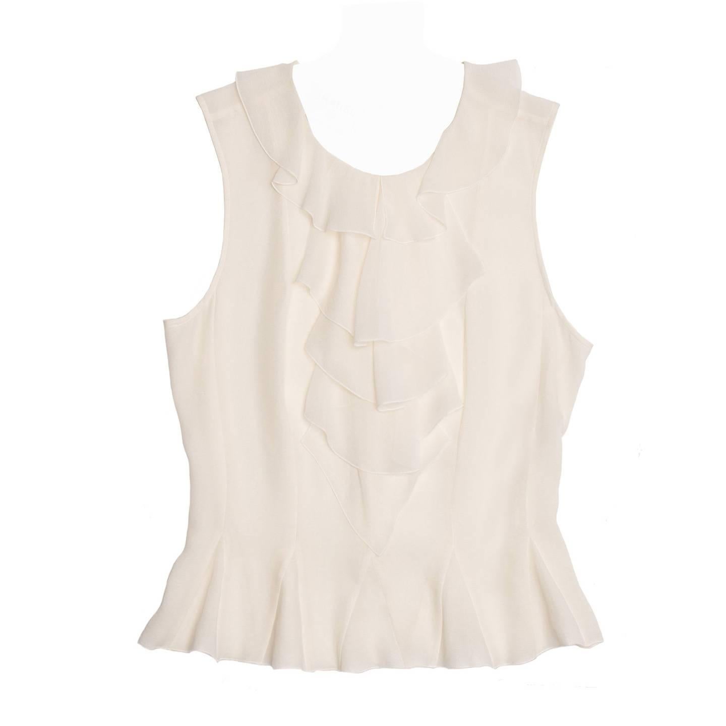 Chanel Ivory Silk Sleeveless Ruffle Bib Top For Sale