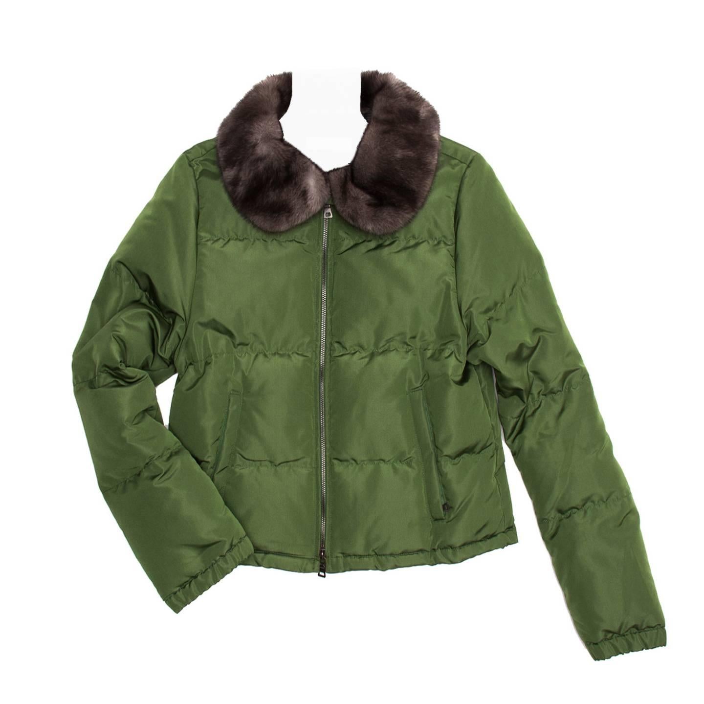 Prada Green Quilted & Fur Puffer Jacket For Sale