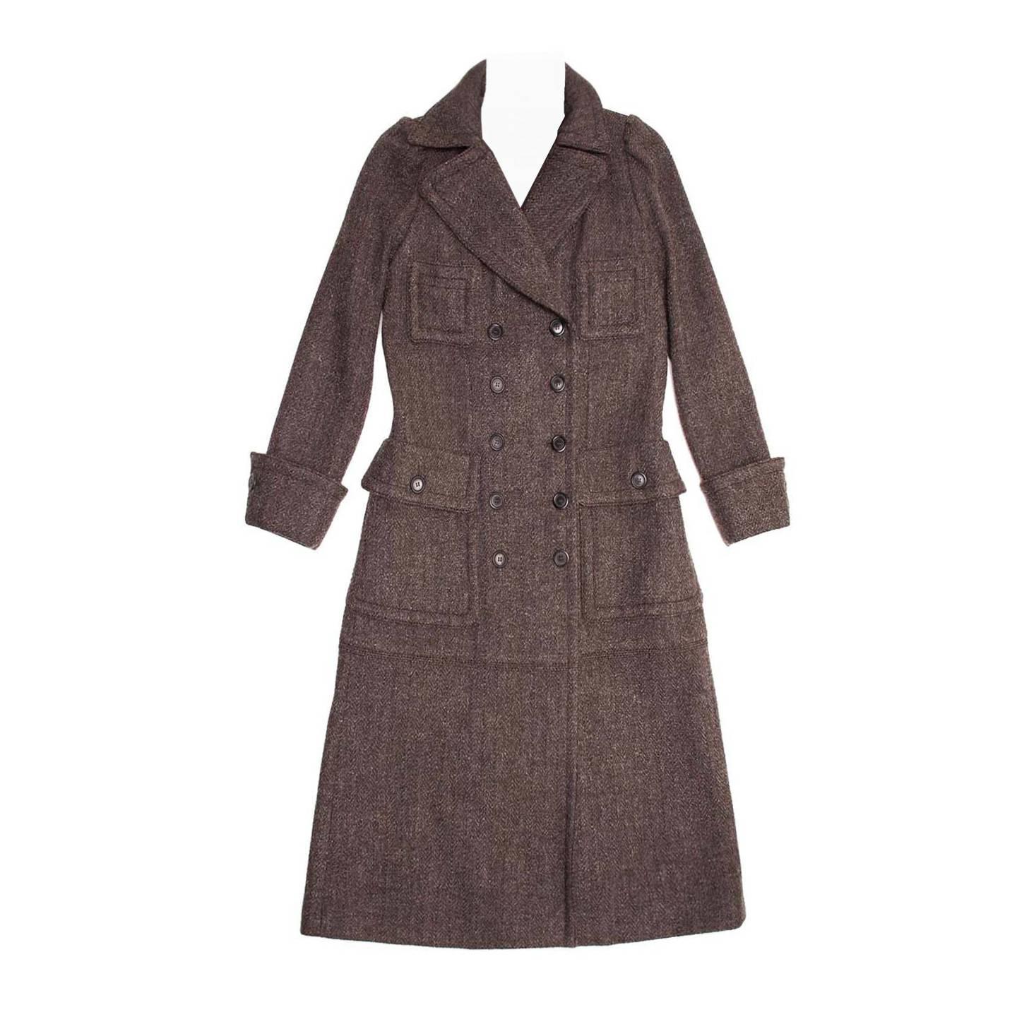 Louis Vuitton Brown Wool Tweed Hooded Coat For Sale