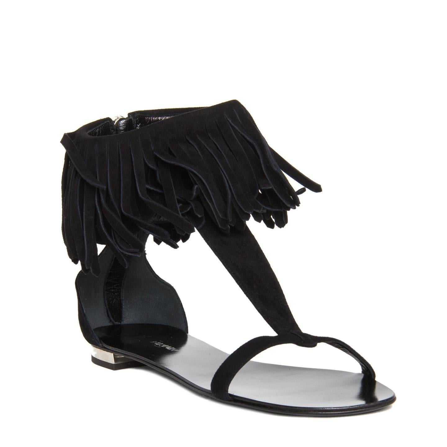 Giuseppe Zanotti for Balmain black suede sandals with open front, back silver chunky zip and cuff with fringes at ankle. Vero cuoio. Made in Italy. Heels 0.5