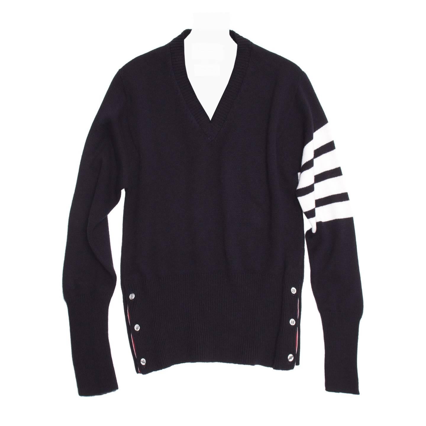 Thom Browne Navy Cashmere V-Neck Pullover For Sale
