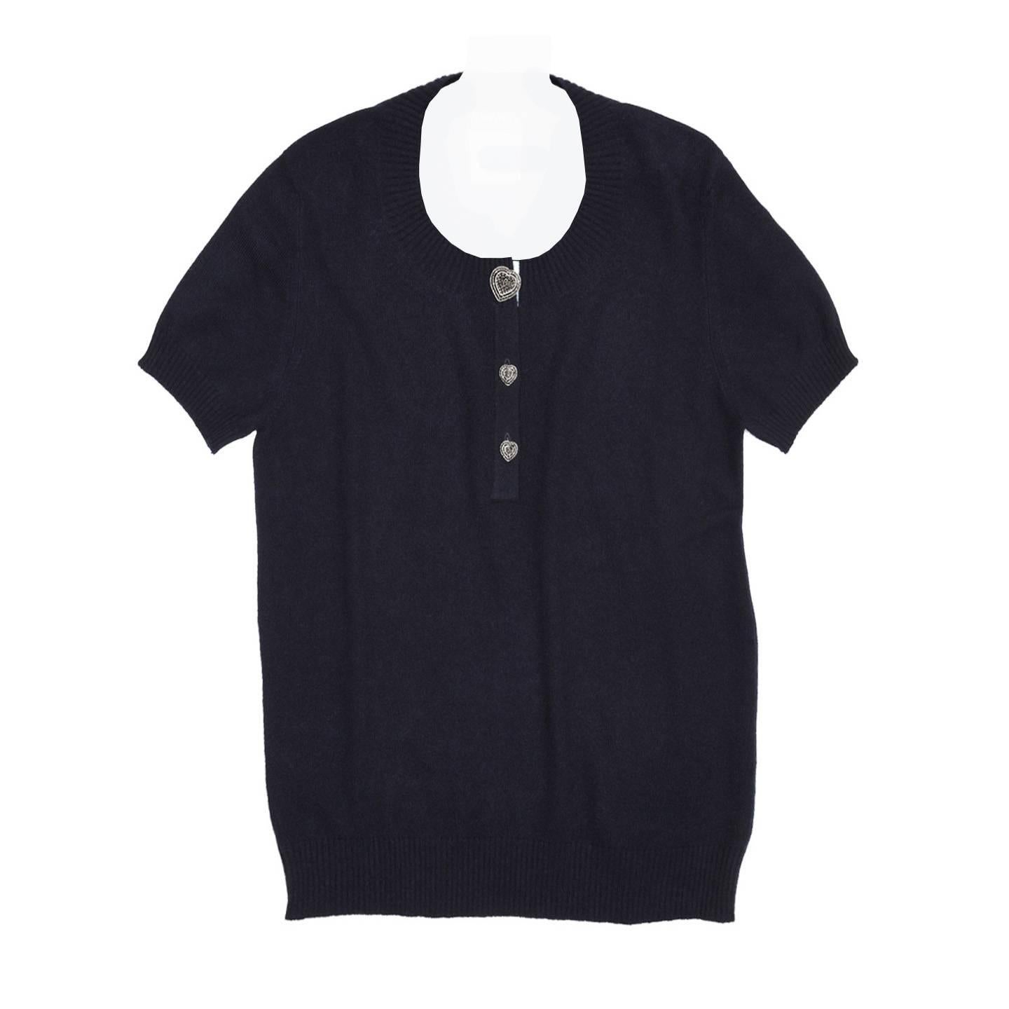 Chanel Navy Cashmere Short Sleeve Sweater For Sale