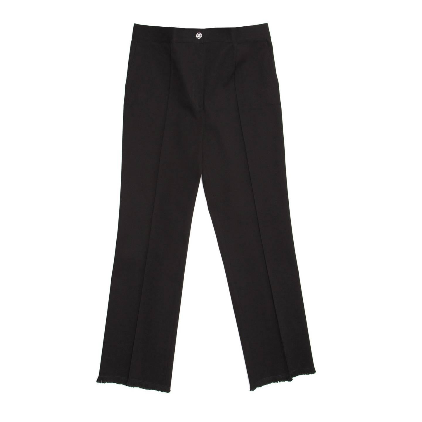 Chanel Black Cotton Cropped Pants with Frayed Hem For Sale