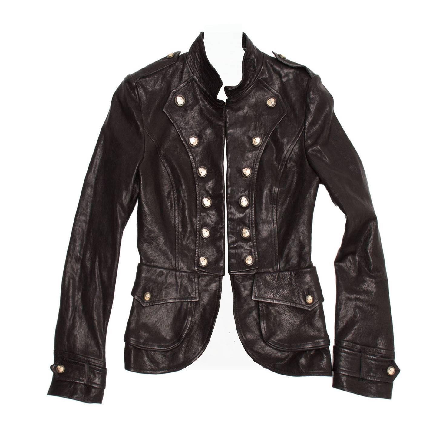 Dolce & Gabbana Black Distressed Leather Military Jacket For Sale