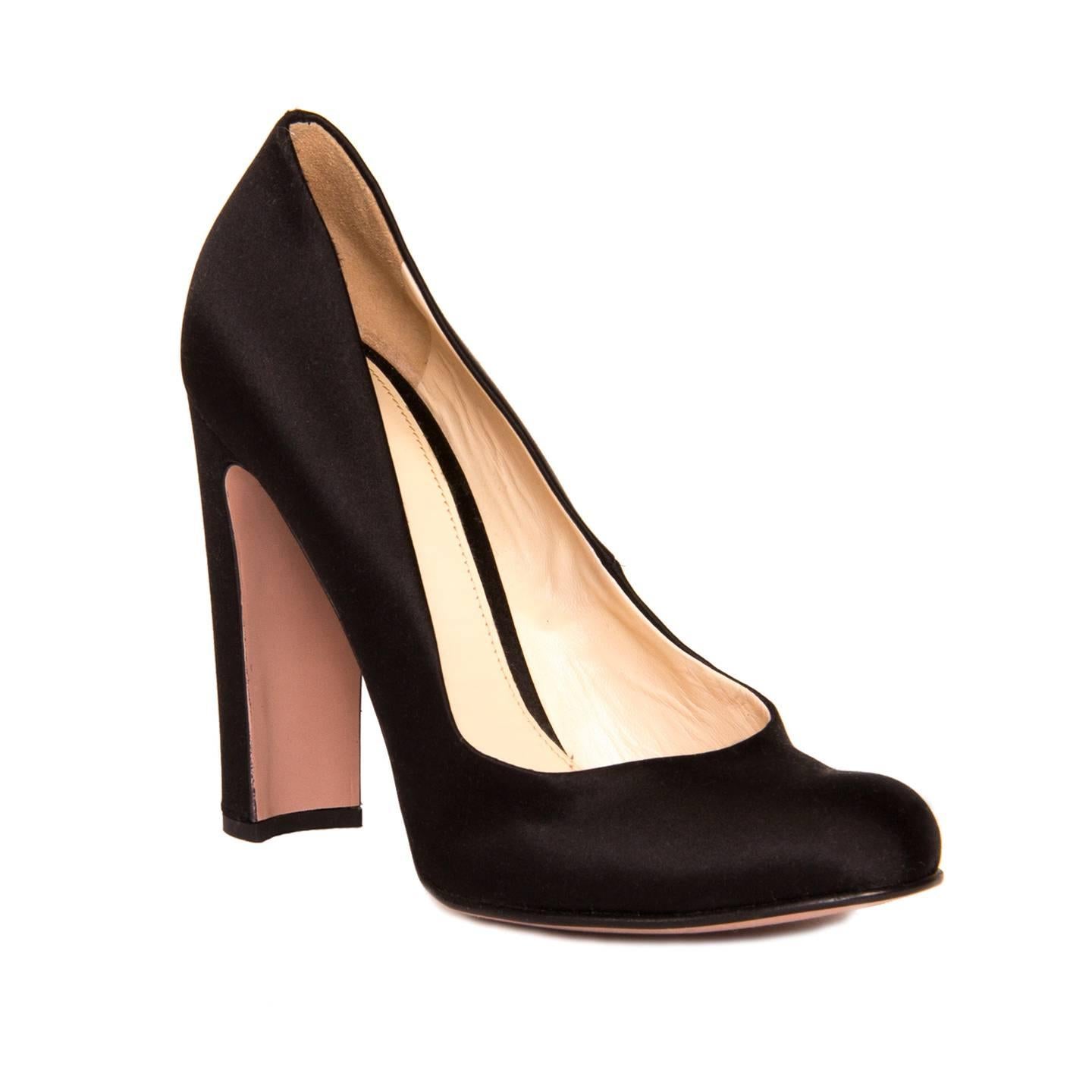 Prada Elegant black satin high chunky heel round toe pumps. Made in Italy. Heel 4.5