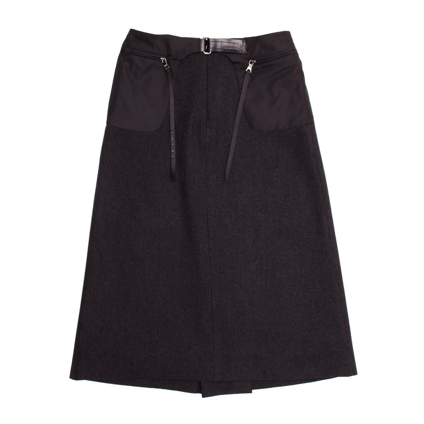 Prada Charcoal Grey Wool Pleated Skirt For Sale