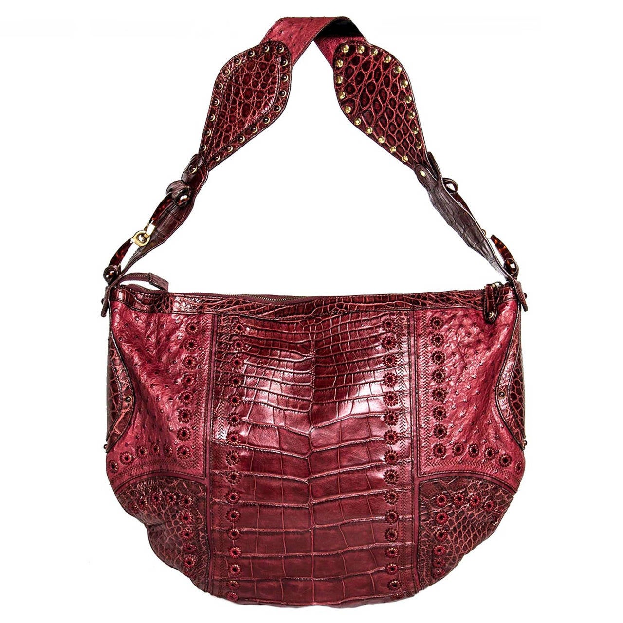 Gucci Burgundy Crocodile And Ostrich Patchwork Bag For Sale