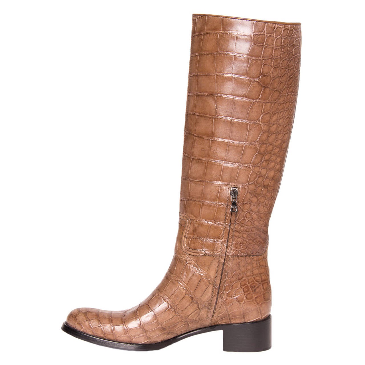 Light brown crocodile knee high boots with round toe, narrow fit and instep zipper. Made in Italy. Heel 1 