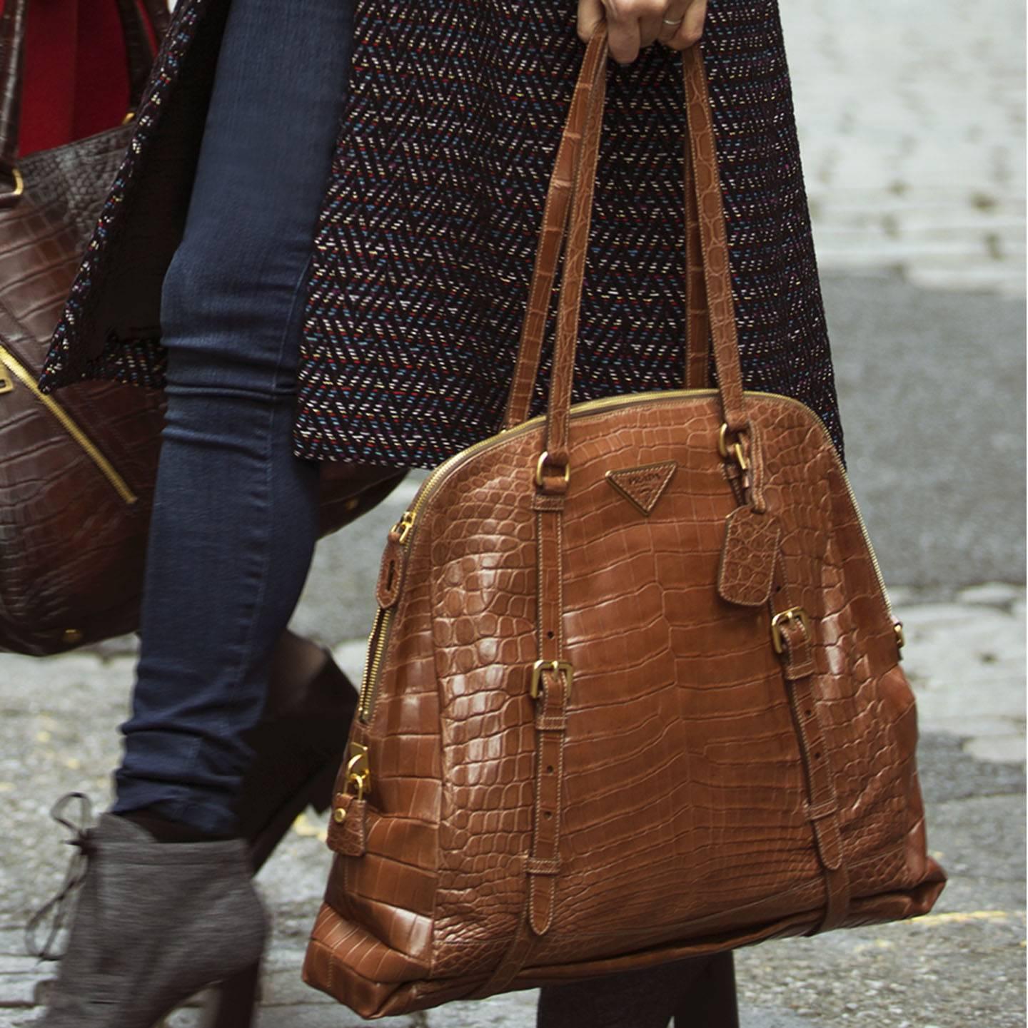Prada Brown Crocodile Expandable Large Bag In Excellent Condition In Brooklyn, NY
