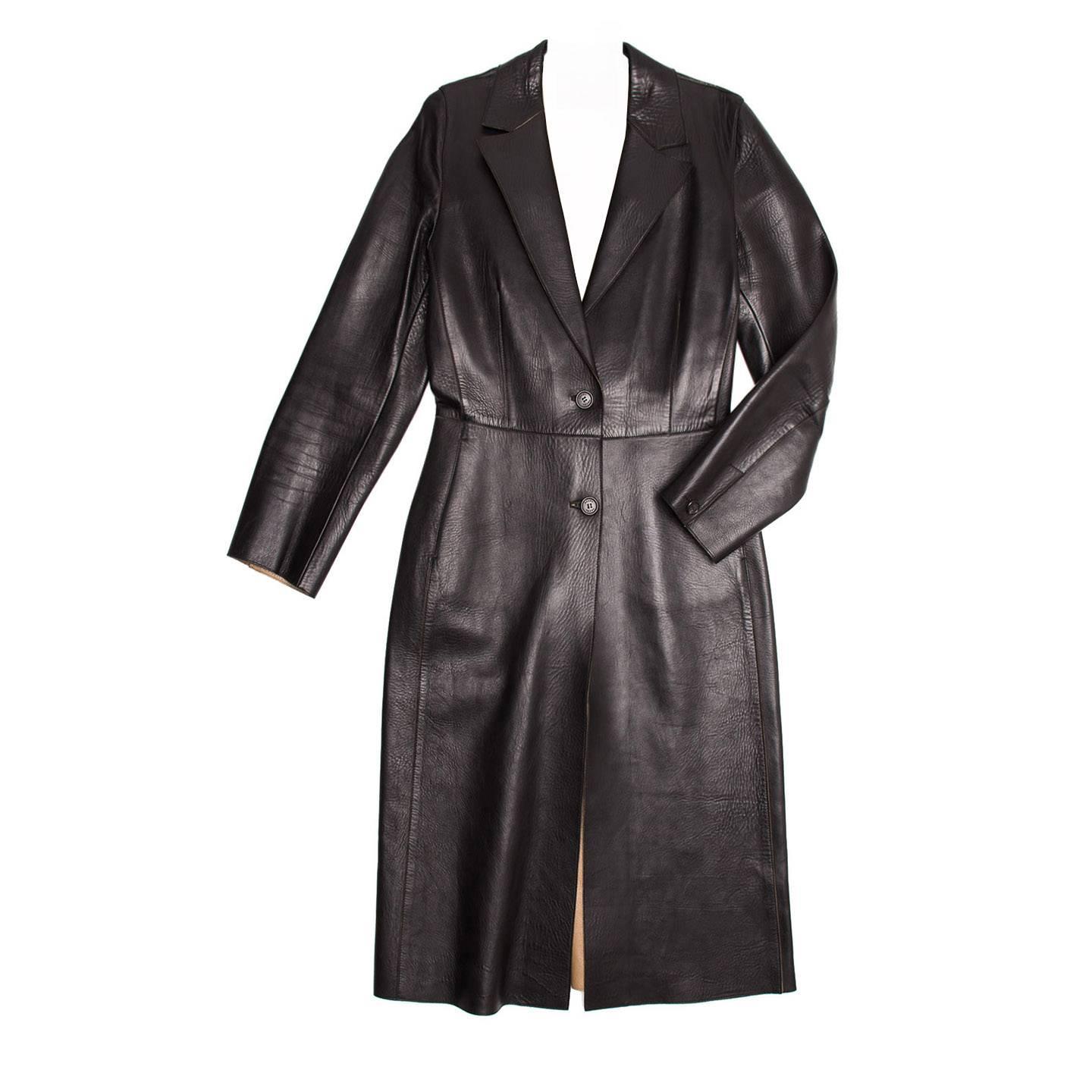 Prada Black Leather 2 Buttons Coat For Sale