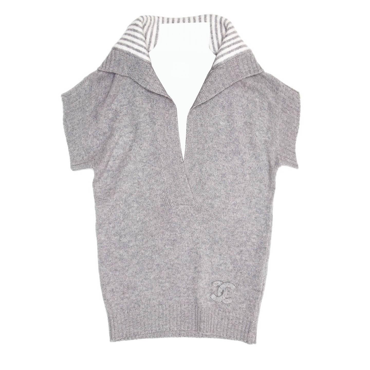 Chanel Grey Cashmere Short Sleeved Sweater For Sale