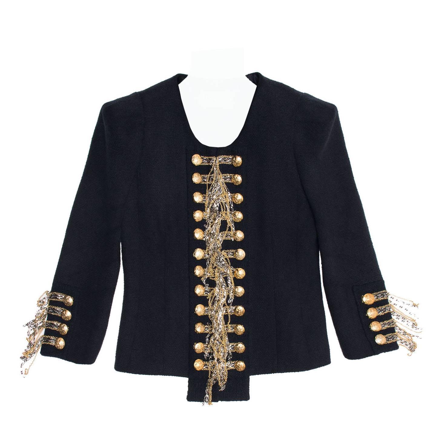 Balmain Navy & Gold Cropped Jacket For Sale