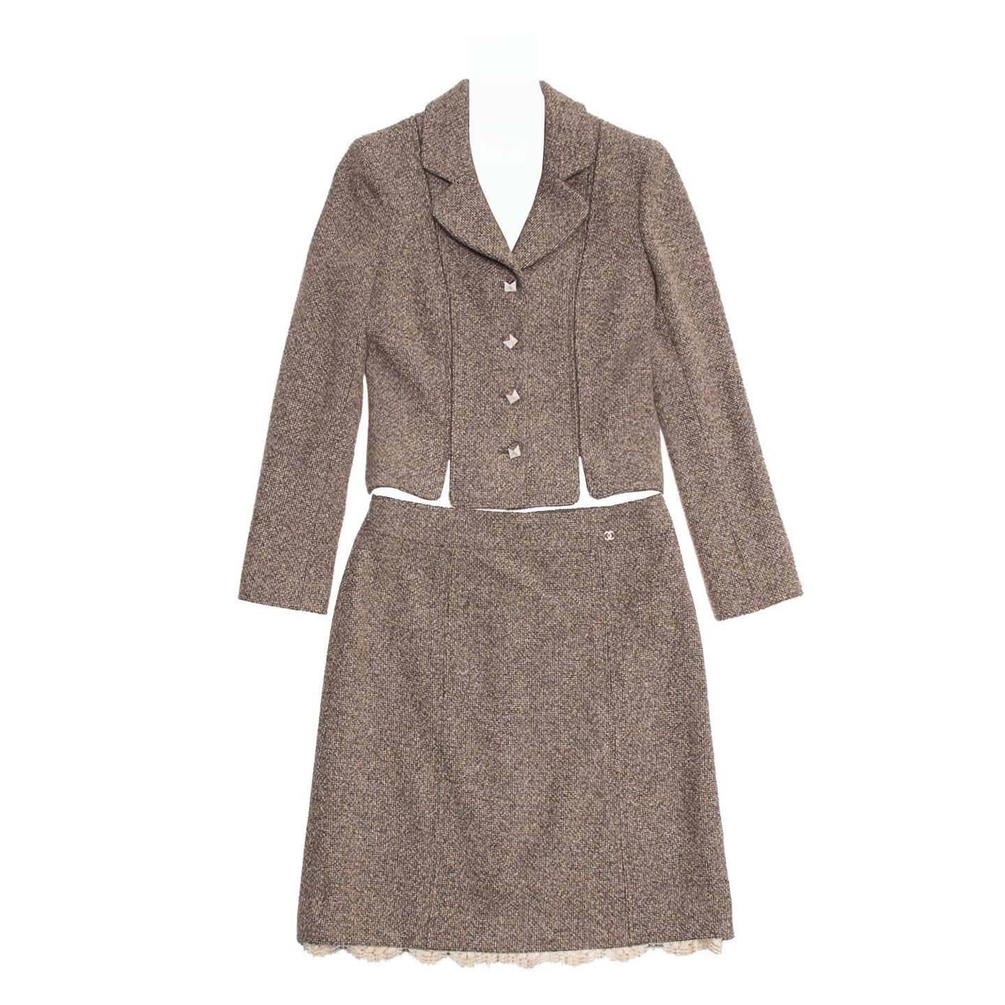 Chanel Brown Tweed Skirt Suit For Sale
