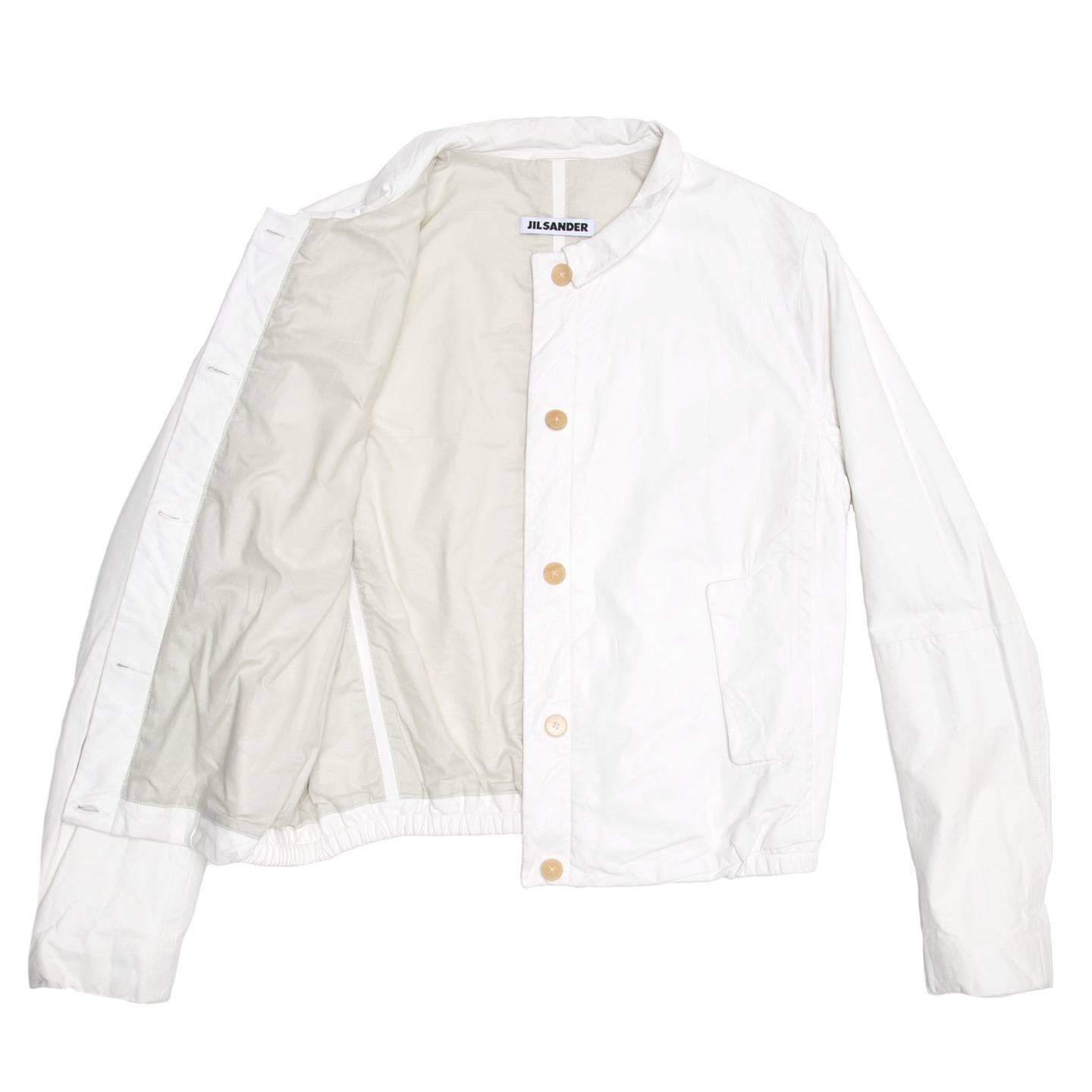 Jil Sander White Leather Bomber Jacket In New Condition For Sale In Brooklyn, NY