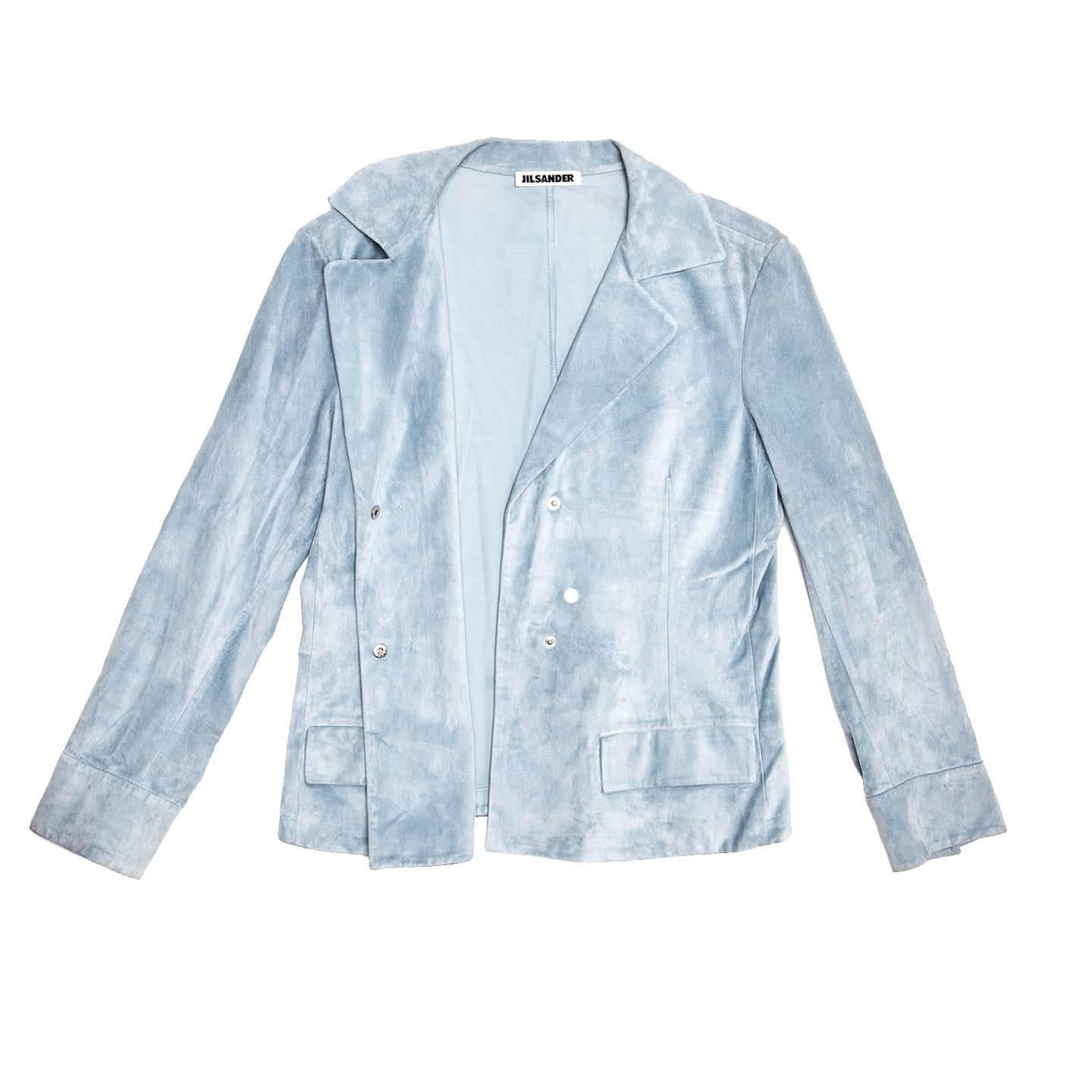 Jil Sander Blue Suede Cropped Blazer In Excellent Condition For Sale In Brooklyn, NY