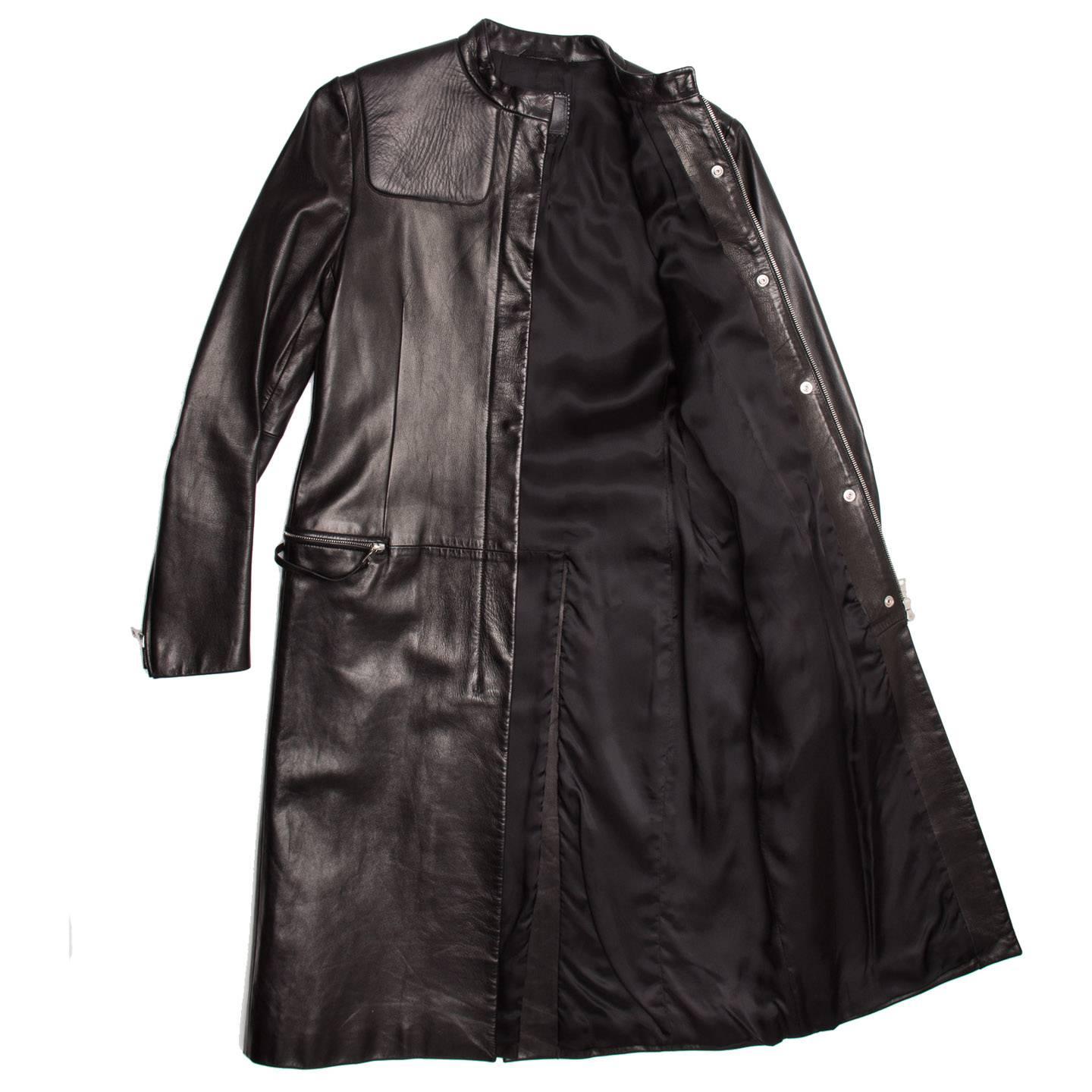 Prada Black Leather Racer Coat In Excellent Condition For Sale In Brooklyn, NY