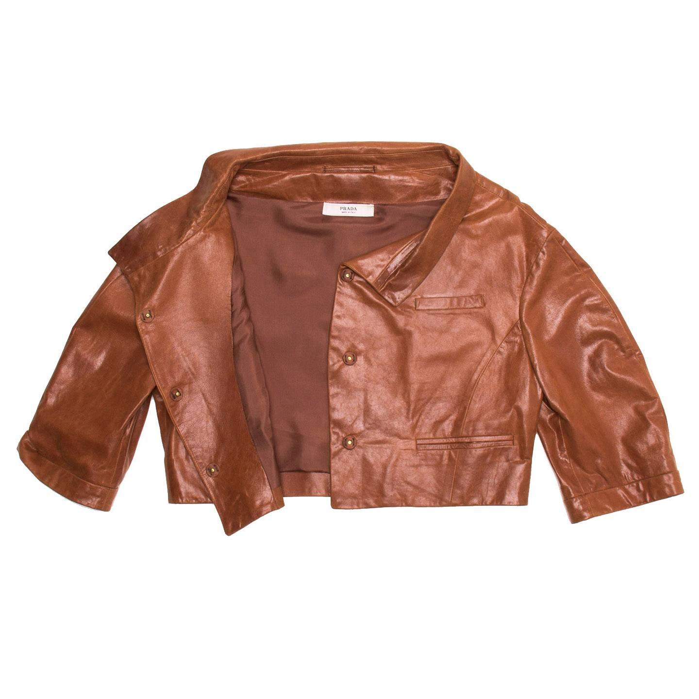 Prada Brown Leather Cropped Jacket In New Condition In Brooklyn, NY