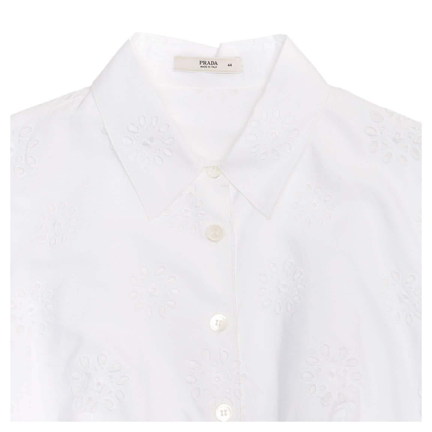 Prada White Cotton Eyelet Shirtdress In Excellent Condition For Sale In Brooklyn, NY
