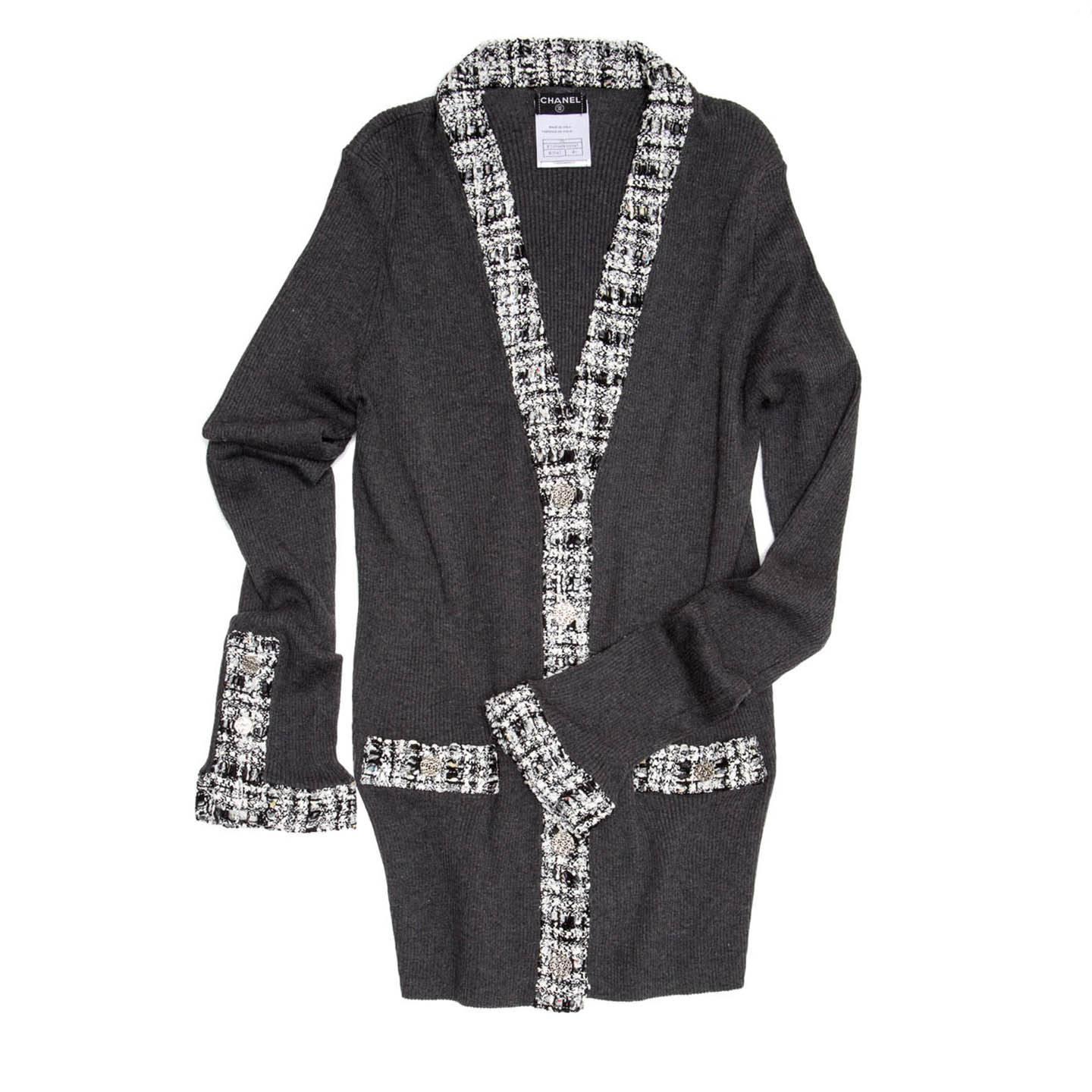 Chanel Grey Cotton And Tweed Long Cardigan For Sale At 1stdibs