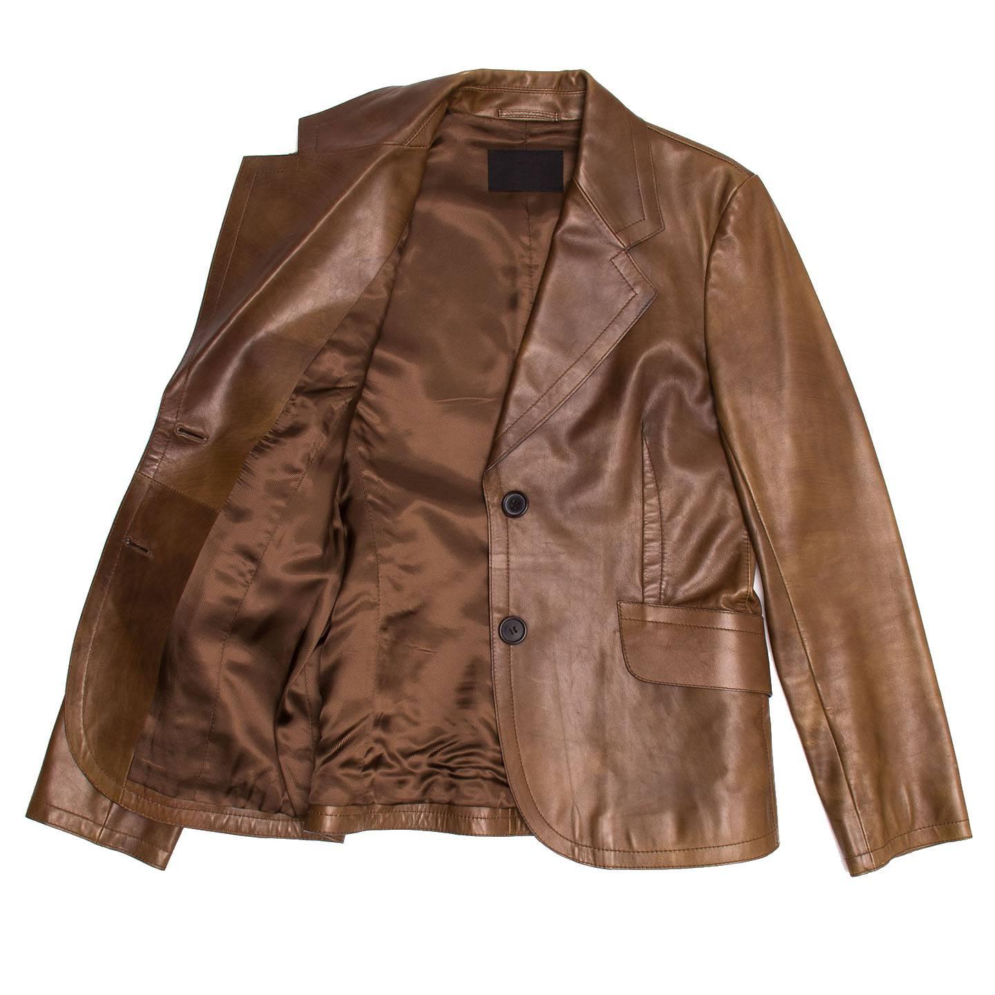 Prada Brown Semi-Distressed Leather Blazer In Excellent Condition For Sale In Brooklyn, NY