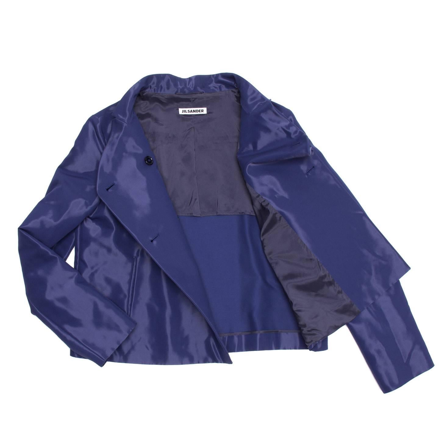 Jil Sander Blue Shiny Cropped Jacket In New Condition For Sale In Brooklyn, NY