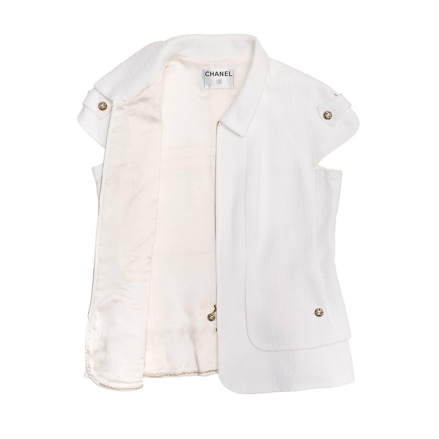 Gray Chanel White Thick Pique Cotton Zip Front Jacket Vest For Sale