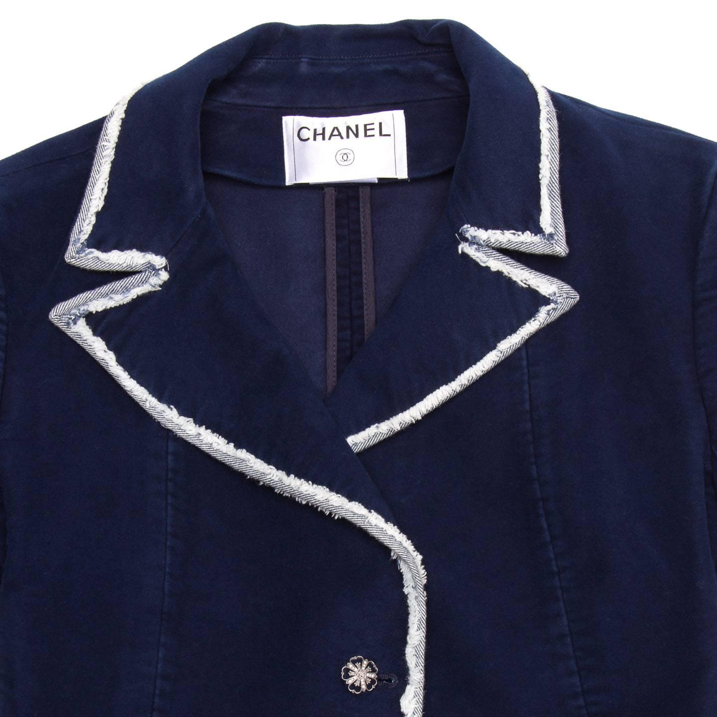 Black Chanel Navy Moleskin and Frayed Denim Trim Blazer For Sale