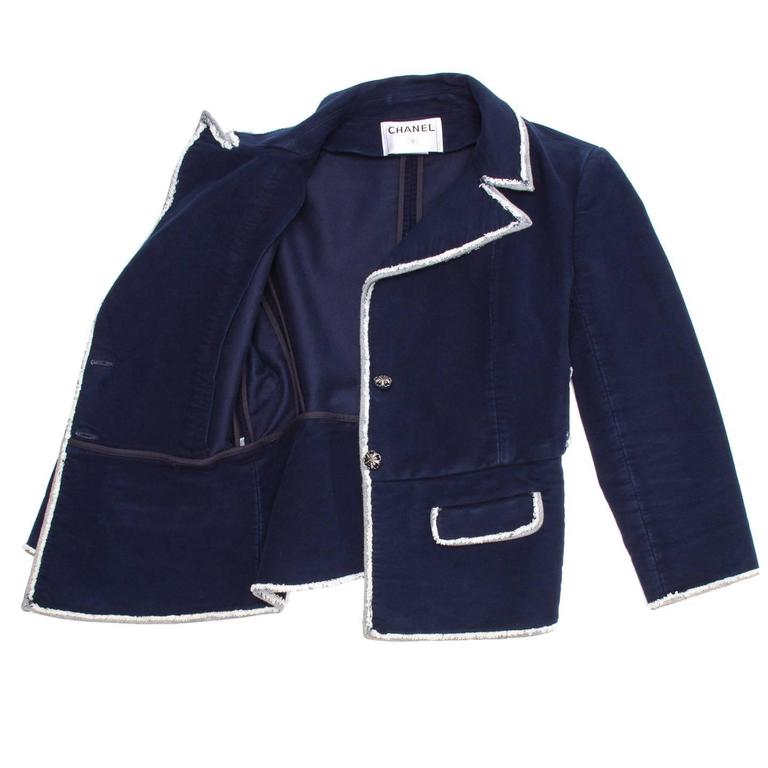 Chanel Navy Moleskin and Frayed Denim Trim Blazer For Sale at 1stDibs