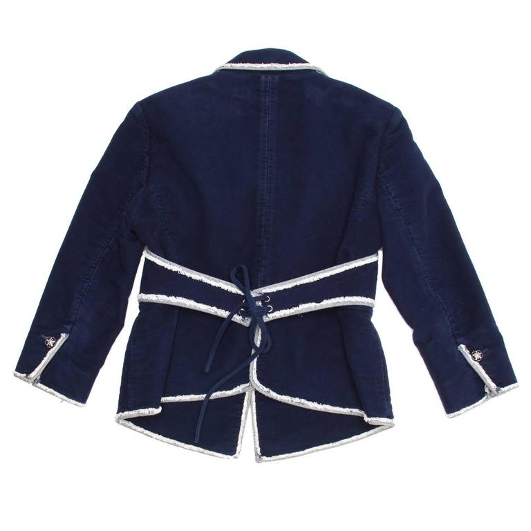 Chanel Navy Moleskin and Frayed Denim Trim Blazer For Sale at 1stDibs