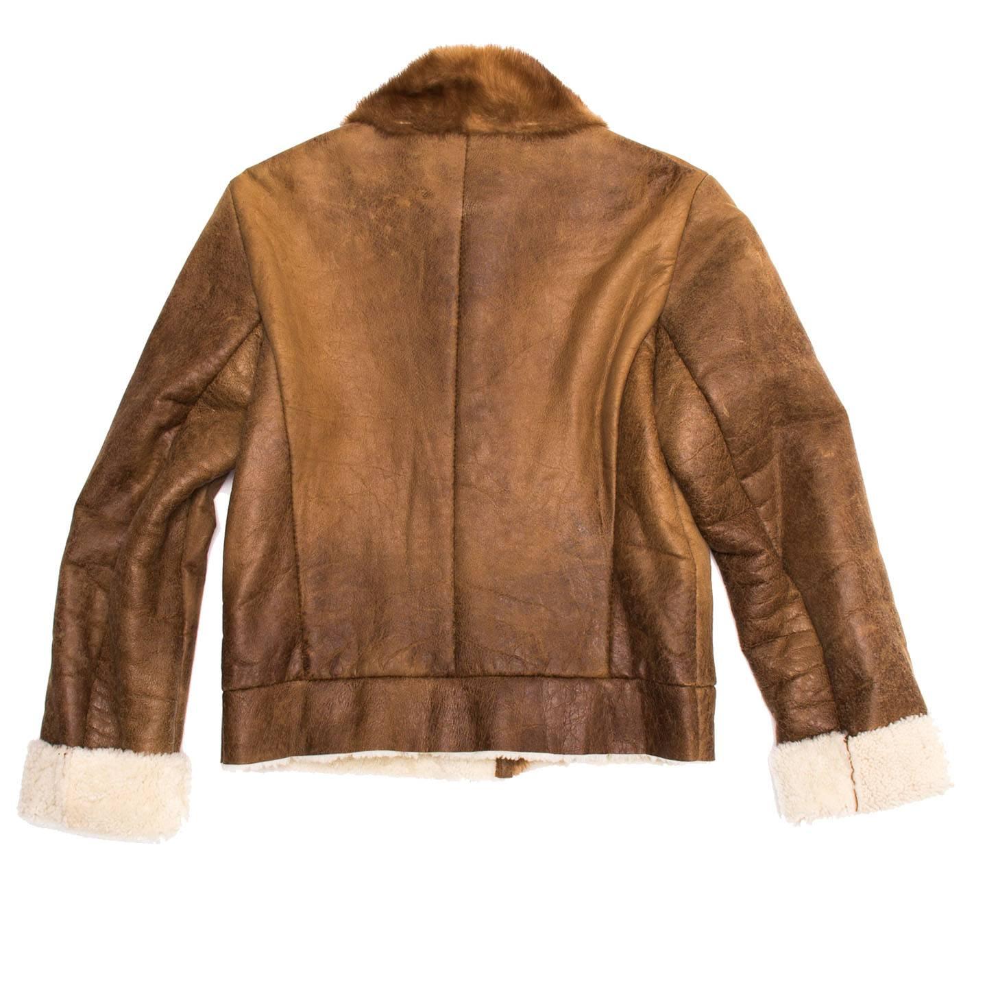 Prada Brown Distressed Shearling Jacket In Excellent Condition For Sale In Brooklyn, NY