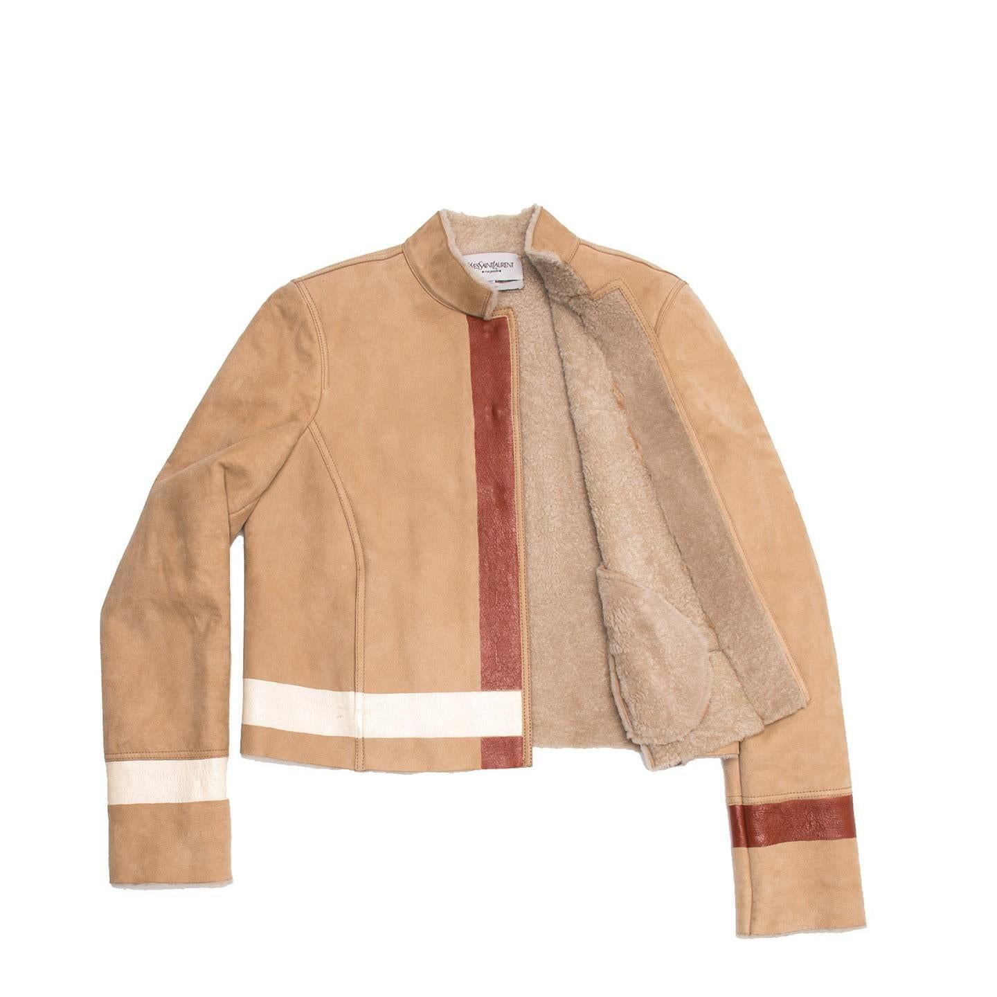Beige Yves Saint Laurent Tan Shearling Short Jacket For Sale