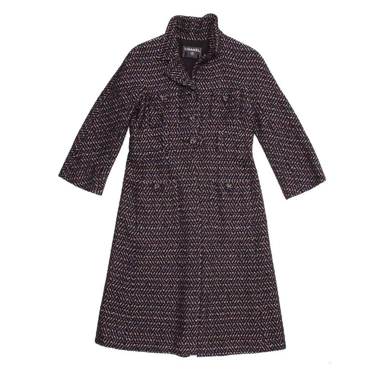Chanel Multicolor Herringbone Belted Tweed Coat For Sale at 1stDibs