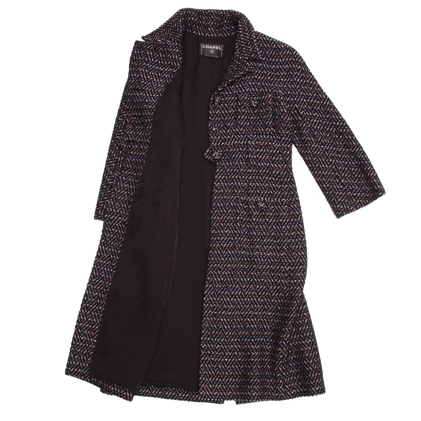 Black Chanel Multicolor Herringbone Belted Tweed Coat For Sale