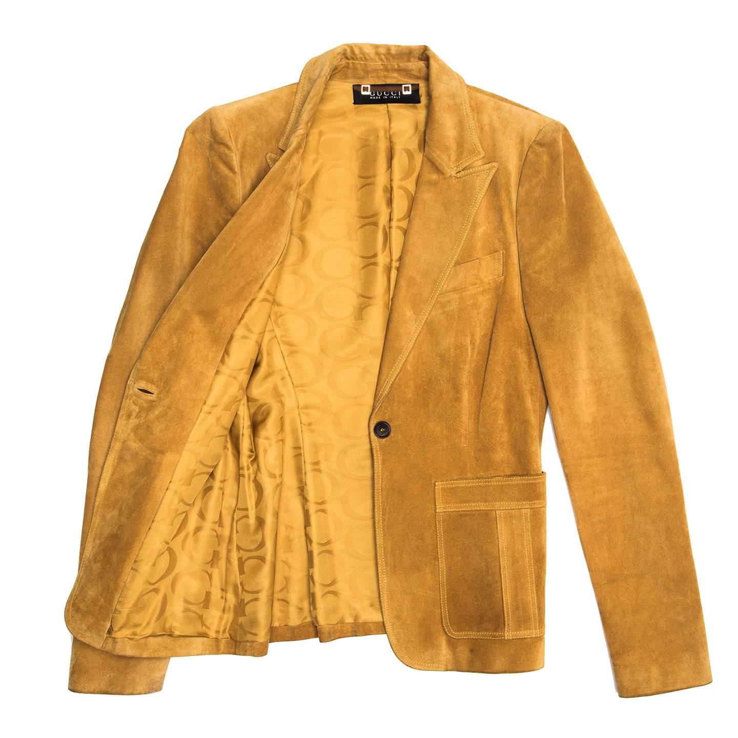 Gucci Ochre Suede Single Breasted Blazer In Excellent Condition For Sale In Brooklyn, NY