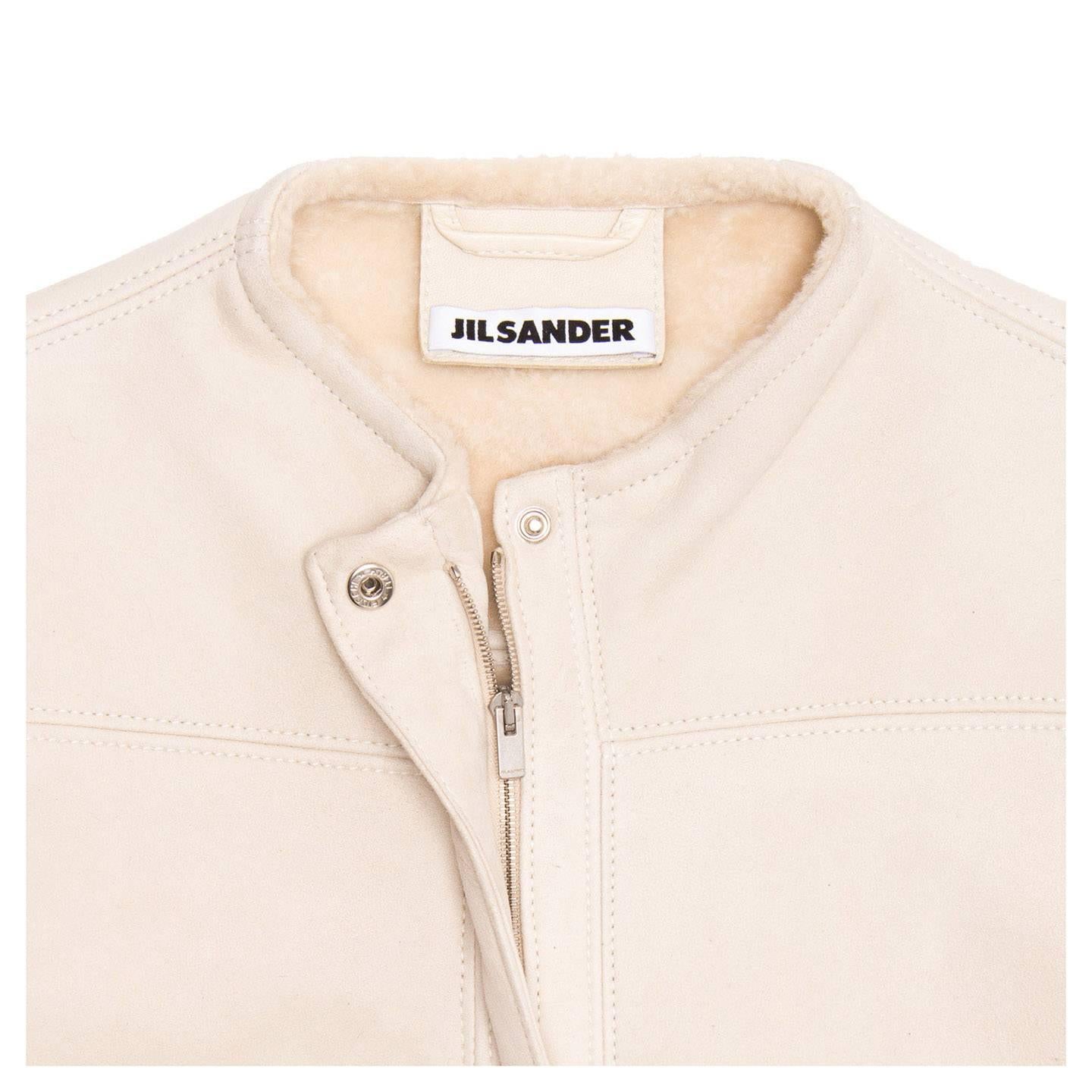 Jil Sander Cream Shearling Racer Jacket In Excellent Condition For Sale In Brooklyn, NY