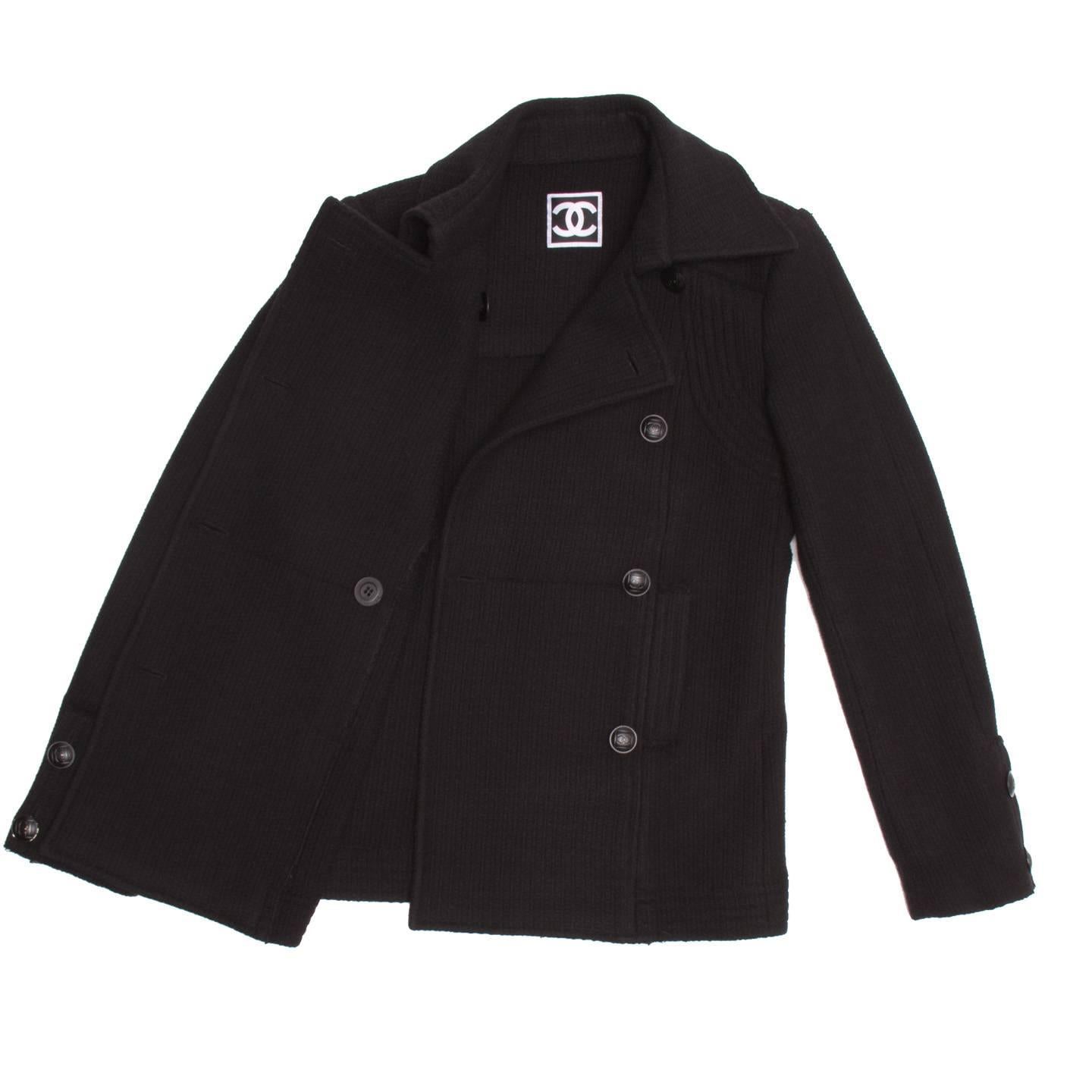 Chanel Black Wool Peacoat Jacket In Good Condition In Brooklyn, NY