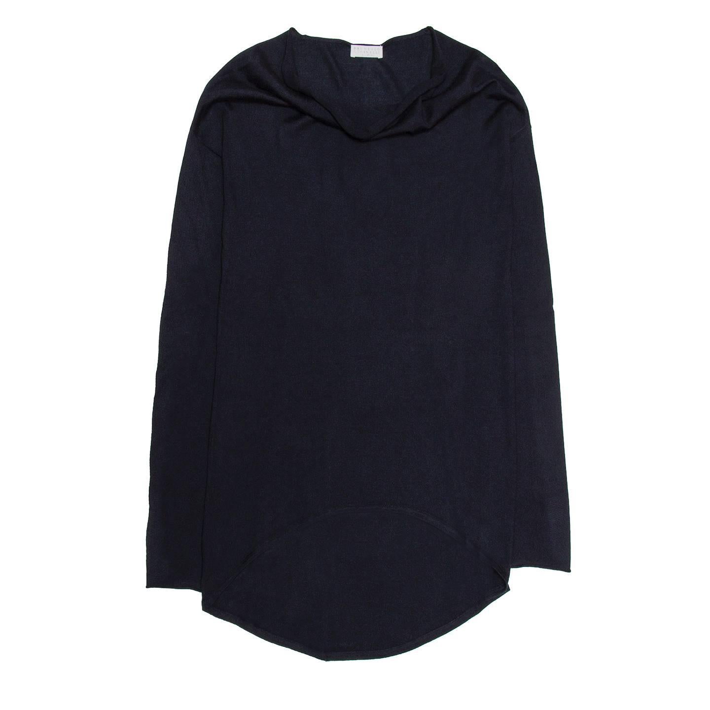 Navy blue cashmere and silk long feather light pullover with cowl neck. The hem is 
shaped round and the front is shorter than the back.

Size  M Universal sizing

Condition  Excellent: worn once