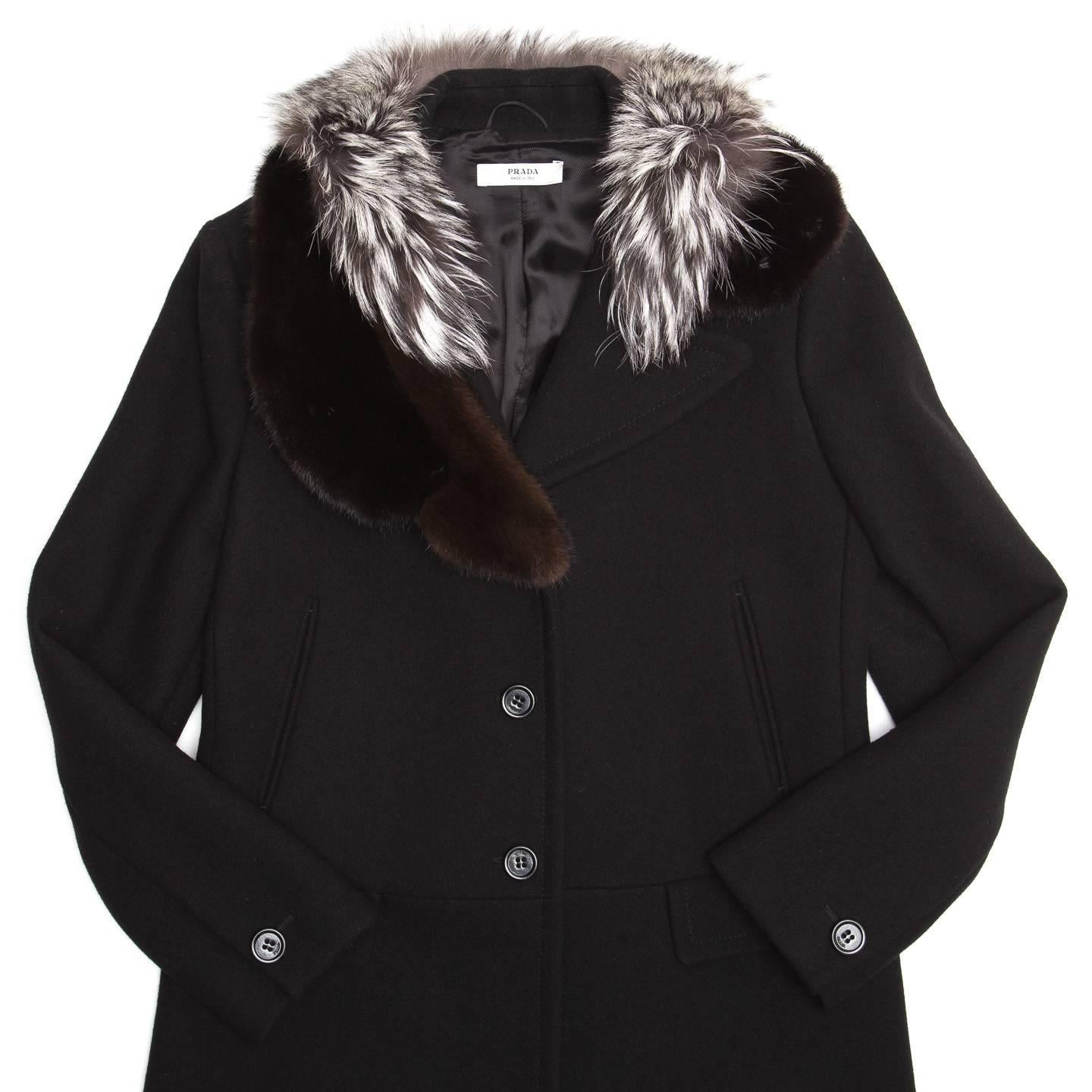 Prada Black Wool & Fur Collar Coat For Sale 1