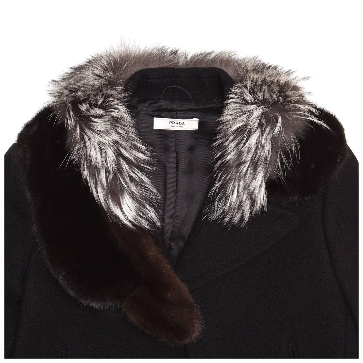 Prada Black Wool & Fur Collar Coat For Sale 2