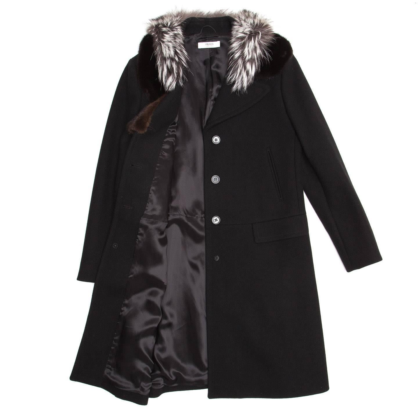 Prada Black Wool & Fur Collar Coat In Excellent Condition For Sale In Brooklyn, NY